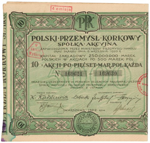 Polski Przemysł Korkowy, 10x 500 mkp 1922 Reference: Koziorowski 1233-4, Niegrzy...