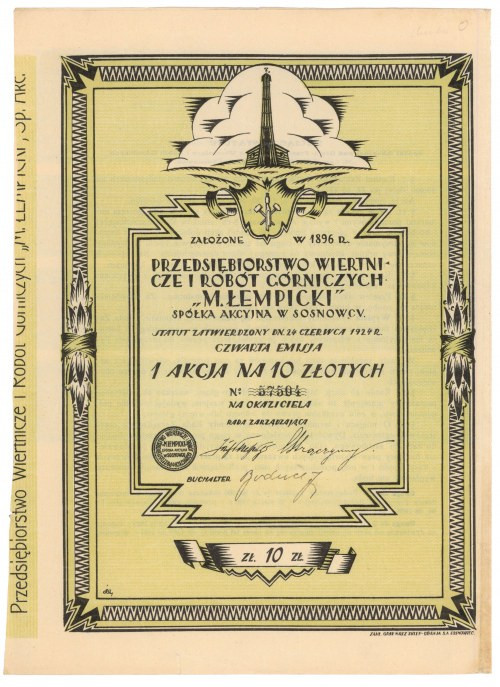 Przedsiębiorstwo Wiertnicze i Robót Górniczych M. ŁEMPICKI, Em.4, 10 zł 1929 Ref...