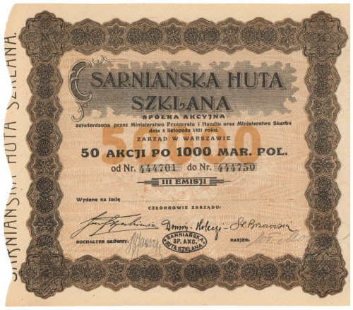 Sarniańska Huta Szkalana, Em.3, 50x 1.000 mkp 1923 Rzadki, niższy nominał emisji...