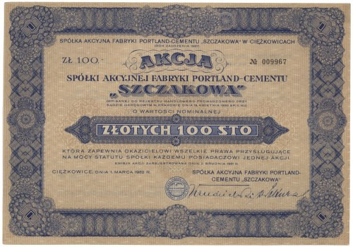 Spółka Akc. Fabryki Portland-Cementu SZCZAKOWA, 100 zł 1932 Wymiary: 30 x 21 cm....