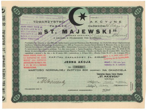 ST. MAJEWSKI Tow. Akc. Fabryk Ołówków, Em.1, 600 zł 1931 Reference: Koziorowski ...