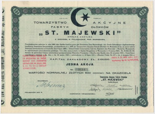 ST. MAJEWSKI Tow. Akc. Fabryk Ołówków, Em.1, 600 zł 1931 Reference: Koziorowski ...