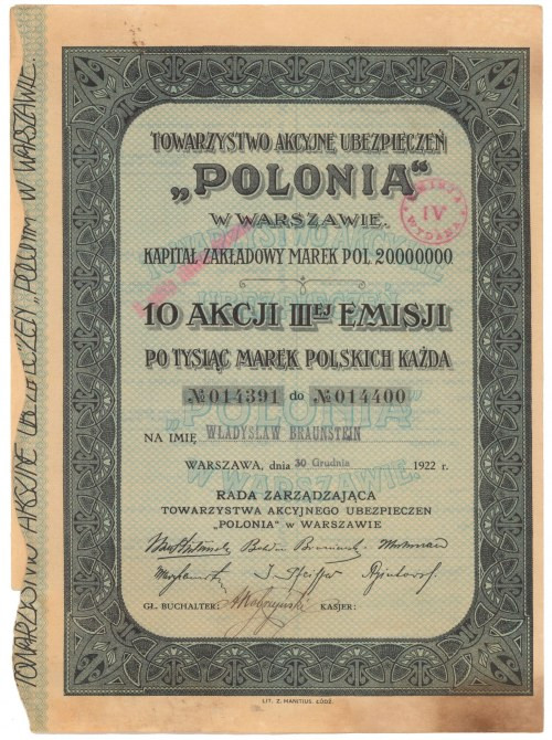 Tow. Akc. Ubezpieczeń POLONIA, Em.3, 10x 1.000 mkp 1922 Reference: Koziorowski 2...