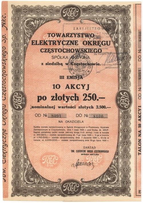 Tow. Elektryczne Okręgu Częstochowskiego, Em.3, 10x 250 zł Atrakcyjny kolekcjone...