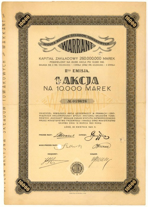 WARRANT Sp. Akc. Składów Towarowych, Em.2, 10.000 mkp 1923 Reference: Koziorowsk...