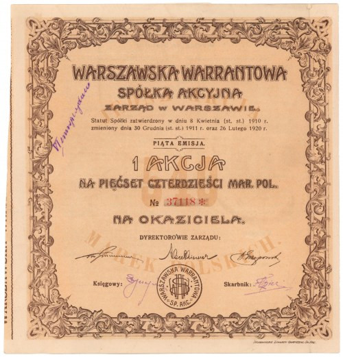 Warszawska Warrantowa Sp. Akc., Em.5, 540 mkp 1922 Reference: Koziorowski 2187-5...