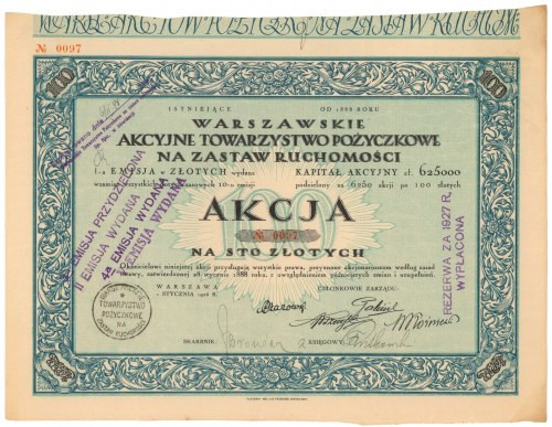 Warszawskie Akc. Tow. Pożyczkowe na Zastaw Ruchomości, Em.1, 100 zł 1926 Referen...