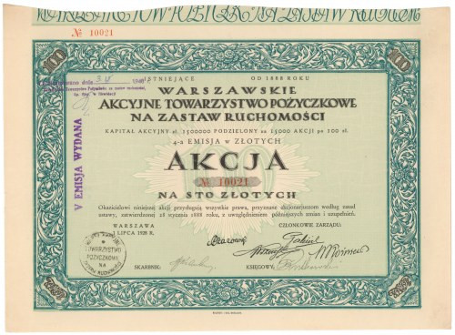 Warszawskie Akc. Tow. Pożyczkowe na Zastaw Ruchomości, Em.4, 100 zł 1928 Referen...