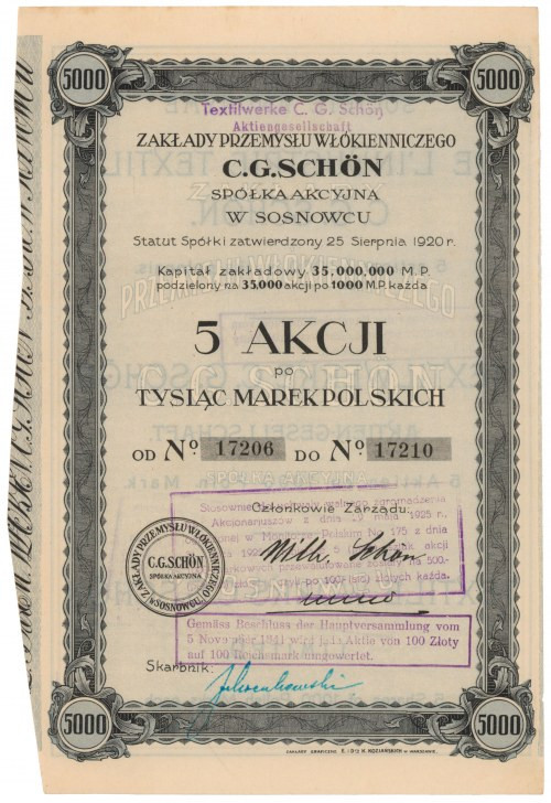 Zakłady Przemysłu Włókienniczego C.G. SCHON, 5x 1.000 mkp 1920 Reference: Kozior...