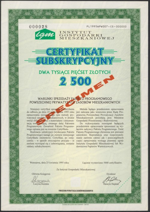 Instytut Gospodarki Mieszkaniowej, Certyfikat Subskrypcyjny, SPECIMEN na 2.500 z...