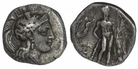 GRÈCE ANTIQUE
Lucanie, Héraclée. Diobole ND (330-300 av. J.-C.), Héraclée.
SNG Cop.1130 ; Argent - 1,17 g - 12 mm - 12 h 
Patine grise. TTB.