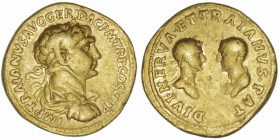 EMPIRE ROMAIN
Trajan (98-117). Aureus 112-113, Rome.
RIC.726 - Calico.1138 ; Or - 7,09 g - 19 mm - 6 h 
Très rare et du plus grand intérêt avec au ...