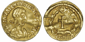 EMPIRE ROMAIN
Valentinien III (425-455). Trémissis 450, Gaule, Toulouse ?
RIC.3721 ; Or - 1,43 g - 14 mm - 12 h 
Trace de pli. Rare et de style par...