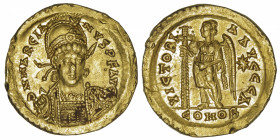 EMPIRE BYZANTIN
Marcien (450-457). Solidus ND (450-457), 1ère officine, Constantinople.
RIC.510 - R.219 ; Or - 4,41 g - 20 mm - 6 h 
Choc à 9 h. su...
