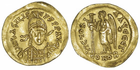 EMPIRE BYZANTIN
Basiliscus (475-476). Solidus 475-476, 3e officine, Constantinople.
RIC.1024 ; Or - 4,42 g - 20 mm - 6 h 
Traces d’essai sur la tra...
