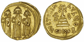 EMPIRE BYZANTIN
Héraclius et Héraclius Constantin (610-641). Solidus ND (638-641), Constantinople.
S.770 ; Or - 4,44 g - 19 mm - 6 h 
Avec monogram...