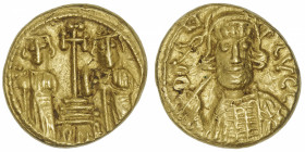 EMPIRE BYZANTIN
Constantin IV (668-685). Solidus ND (668-685), Carthage.
S.1188 ; Or - 4,43 g - 15 mm - 6 h 
Avec Héraclius et Tibère au revers. TT...
