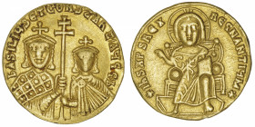 EMPIRE BYZANTIN
Basile Ier et Constantin (868-879). Solidus ND (868-879), Constantinople.
S.1704 - R.1858 ; Or - 4,33 g - 19,5 mm - 6 h 
Légères tr...