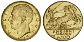ALBANIE
Zog Ier (1/9/1928-1939). 100 franga (2 étoiles) 1926, R, Rome.
Fr.1 - KM.11.3 ; Or - 32,20 g - 35 mm - 6 h 
Superbe.