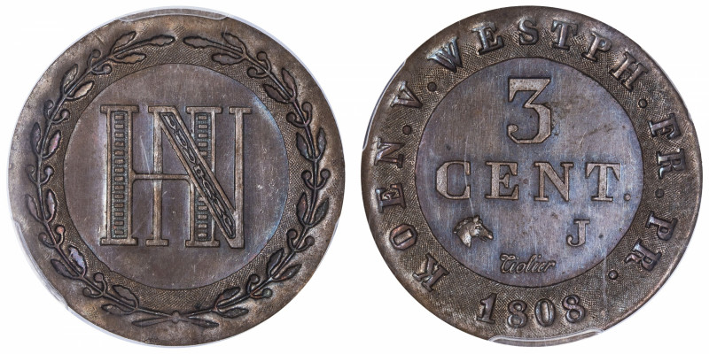 ALLEMAGNE
Westphalie, Jérôme Napoléon (1807-1813). Essai de 3 centimes 1808, J,...