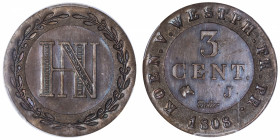 ALLEMAGNE
Westphalie, Jérôme Napoléon (1807-1813). Essai de 3 centimes 1808, J, Paris.
KM.- (cf.23) - AKS.- (cf.41) - VG.2046 v. ; Cuivre - 25 mm - ...