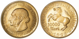 ALLEMAGNE
Westphalie. 10000 mark 1923.
Lamb.579.7 ; Bronze doré - 44 mm - 12 h 
NGC MS 66 (5949775-007). Superbe à Fleur de coin.