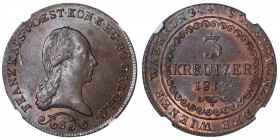 AUTRICHE
François II (1792-1835). 3 kreuzer 1812, S, Schmollnitz.
KM.2116 ; Cuivre - 8,75 g - 33 mm - 12 h 
NGC MS 63 BN (5949766-003). Superbe.