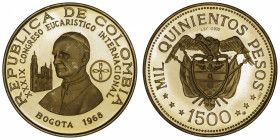 COLOMBIE
République. 1500 pesos 1968.
Fr.117 ; Or - 64,72 g - 50 mm - 6 h 
Superbe à Fleur de coin.