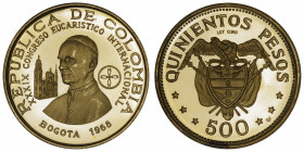 COLOMBIE
République. 500 pesos 1968.
Fr.118 ; Or - 21,45 g - 35 mm - 6 h 
Superbe à Fleur de coin.