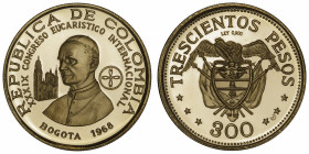 COLOMBIE
République. 300 pesos 1968.
Fr.119 ; Or - 13 g - 28 mm - 6 h 
Superbe à Fleur de coin.