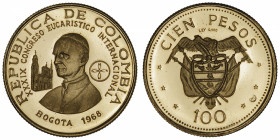 COLOMBIE
République. 100 pesos 1968.
Fr.121 ; Or - 4,30 g - 20 mm - 6 h 
Superbe à Fleur de coin.