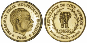 CÔTE D'IVOIRE
République (1960 - à nos jours). 100 francs Félix Houphouet Boigny 1966.
Fr.1 ; Or - 31,88 g - 34 mm - 6 h 
Superbe.
