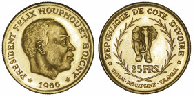 CÔTE D'IVOIRE
République (1960 - à nos jours). 25 francs Félix Houphouet Boigny 1966.
Fr.3 ; Or - 7,96 g - 21,5 mm - 6 h 
Superbe.