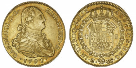 ESPAGNE
Charles III (1759-1788). 4 escudos 1791, Madrid.
Fr.294 ; Or - 13,36 g - 29,5 mm - 12 h 
Reste de brillant d’origine principalement au reve...