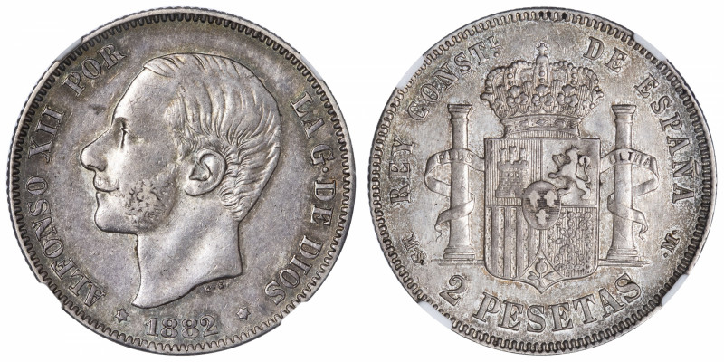 ESPAGNE
Alphonse XII (1874-1885). 2 pesetas, coin bouché 1882 (1[8]-8[2]) MS, M...