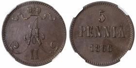 FINLANDE
Alexandre II (1855-1881). 5 penniä 1866, Helsinki.
KM.4.1 ; Cuivre - 6,40 g - 25 mm - 12 h 
NGC MS 61 BN (5949766-014). Superbe.