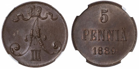 FINLANDE
Alexandre III (1881-1894). 5 penniä 1889, Helsinki.
KM.11 ; Cuivre - 6,40 g - 25 mm - 12 h 
NGC MS 63 BN (5943549-010). Superbe.