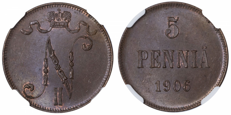FINLANDE
Nicolas II (1894-1917). 5 penniä 1906, Helsinki.
KM.15 ; Cuivre - 6,5...
