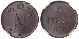 FINLANDE
Nicolas II (1894-1917). 5 penniä 1906, Helsinki.
KM.15 ; Cuivre - 6,50 g - 25 mm - 12 h 
NGC MS 64 BN (5943549-011). Superbe à Fleur de co...