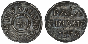 CAROLINGIENS
Louis le Pieux (814-840). Denier ND (814-840), Le Palais.
Dep.743 - MG.320 ; Argent - 1,58 g - 20 mm - 11 h 
Avec une étiquette à la p...