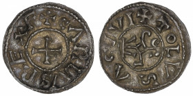 CAROLINGIENS
Charles II le Chauve (840-877). Denier ND (840-855), Toulouse.
P.814 - MG.1102 ; Argent - 1,58 g - 21,7 mm - 12 h 
Sur un flan large a...