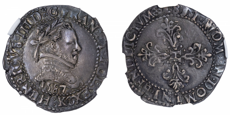 CAPÉTIENS
Henri III (1574-1589). Demi-franc au col plat 1587, K, Bordeaux.
Dy....