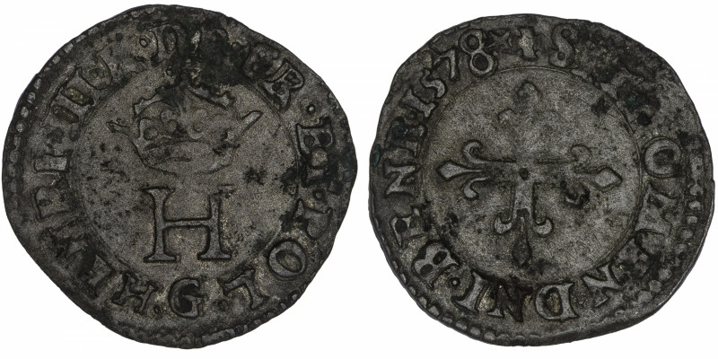 CAPÉTIENS
Henri III (1574-1589). Liard à l’H 1578, G, Poitiers.
Dy.1145 ; Bill...