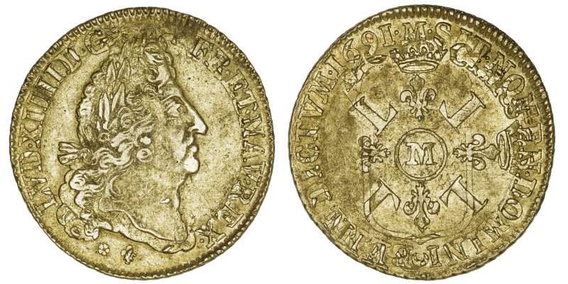 CAPÉTIENS
Louis XIV (1643-1715). Double louis d’or aux quatre L [1696], M, Toul...