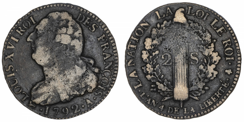 CAPÉTIENS
Constitution (1791-1792). 2 sols FRANÇOIS 1792, A, Paris.
G.25 - Dy....