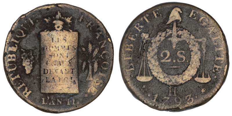 FRANCE
Convention (1792-1795). 2 sols à la balance daté 1793, H, La Rochelle.
...