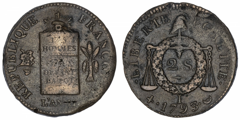 FRANCE
Convention (1792-1795). 2 sols à la balance daté 1793, I, Limoges.
G.31...