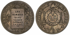 FRANCE
Convention (1792-1795). Sol à la balance FRANÇOISE, sans signature de Dupré 1793, A, Paris.
G.19 ; Cuivre - 11,61 g - 29 mm - 6 h 
Très rare...