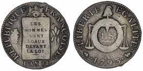 FRANCE
Convention (1792-1795). Sol à la balance FRANÇOISE 1793, A, Paris.
G.19 ; Cuivre - 11,49 g - 29 mm - 6 h 
TB.