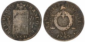 FRANCE
Convention (1792-1795). Sol à la balance FRANÇOISE 1793, AA, Metz.
G.19 ; Cuivre - 11,84 g - 29 mm - 6 h 
TB.
